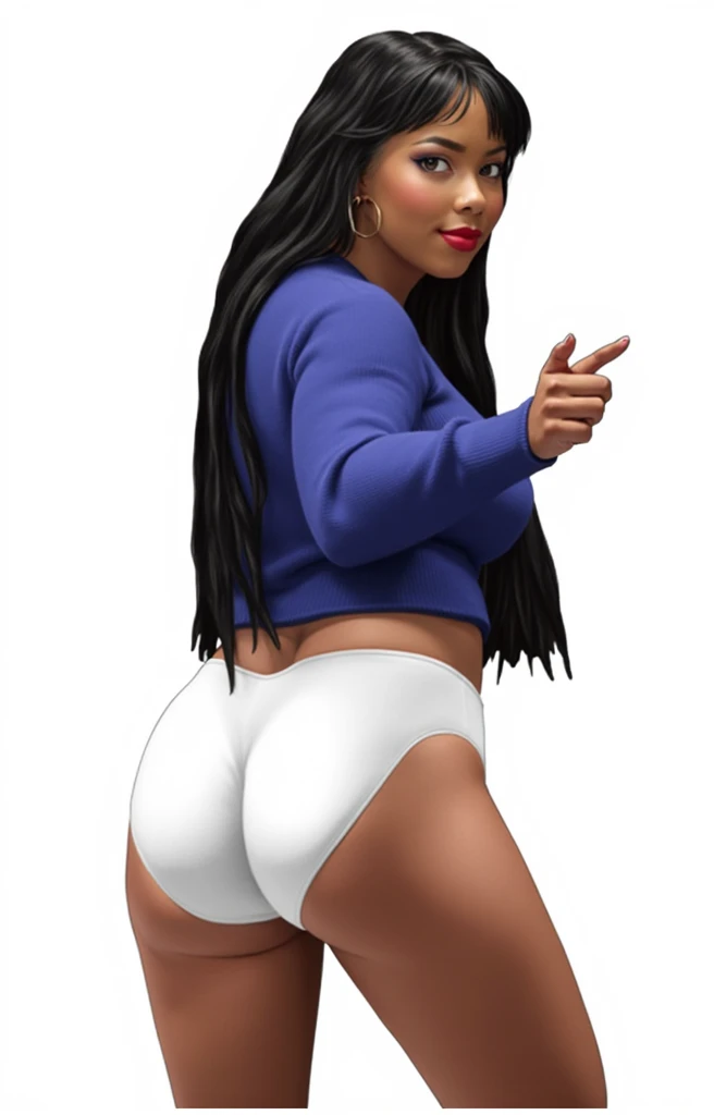 (masterpiece, best quality)), ((((perfect anatomy)))), Heavyset black woman with long black hair, dark eyeshadow, dark red lipstick, blue sweater, (((big white cotton panties))), big booty, smiling, ((((anime art style))))