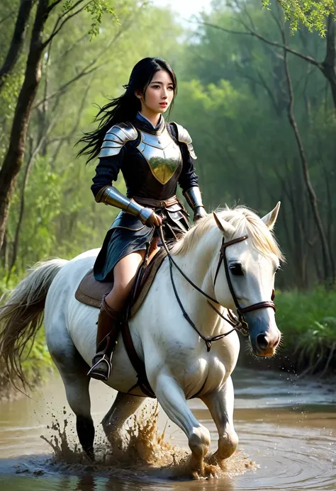 horse stucked,Girly,Cute apprentice female knight,Alayna uses her whip to encourage her horse, who is sinking into a hopeless swamp.,fantasy,beautiful womans and horses,Anatomically correct構図,stuck in mud,(((masterpiece))),(((Highest quality))),((Tabletop:...