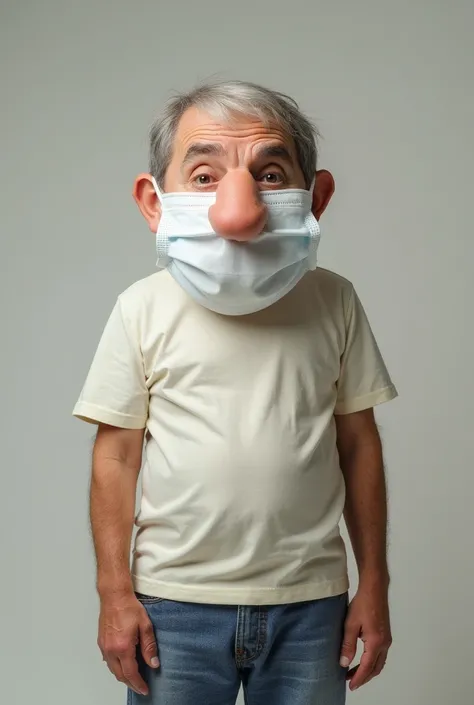 Big-nosed man wearing a mask that is a pair of underwear 