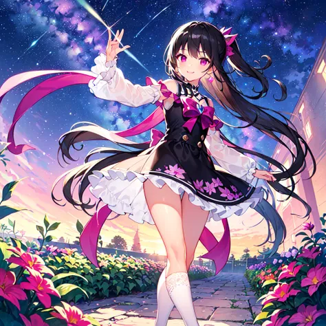 masterpiece, best quality, high quality, extremely detailed, very delicate and beautiful, (1female 1 adult solo:1.5), (long black hair up two sides:1.5), bangs to eyebrows, eyes sharp and bright (eye color: magenta:1.3), 6.5 head height, (Lace Frill Magica...