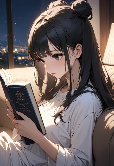 ((best quality)), ((Masterpiece)), (details), 1 woman, Medium bust, black hair, black eyes, ((long hair, buns)), Bangs , curve, beautiful face, Beautiful skin , Long eyelashes, Thick eyelashes, white oversized shirt, sofa, nighttime, soft light, holding a ...