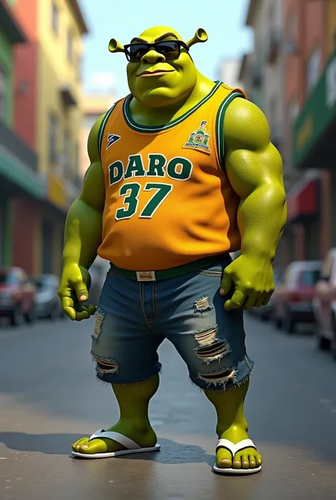 shrek with team jersey, ripped denim shorts, white flip-flops and Juliet-style glasses from Okley. Rio de Janeiro drug dealer style