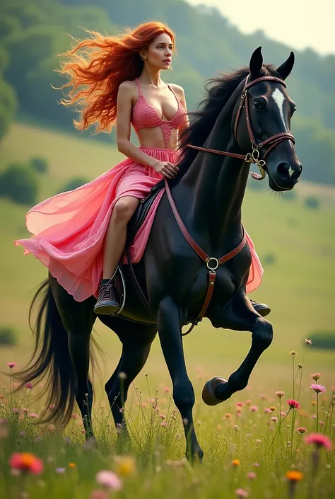 A beautiful woman with fiery red hair cascading down her back, adorned in revealing, hot-pink attire that accentuates her curves, confidently rides a majestic black stallion through a lush meadow.