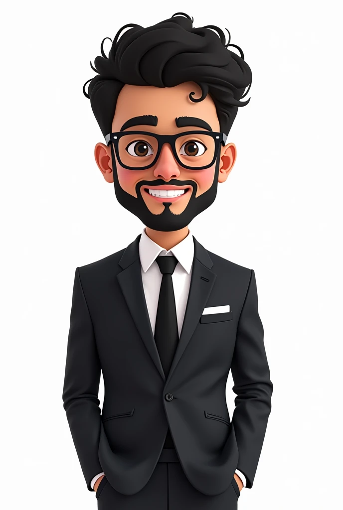 Make a groom in a black suit, beard and glasses, black curly hair in kauai cartoon, com o fundo branco 