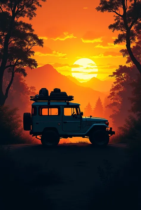 Silhouette drawing of a land cruiser wagon with camping equipment, In the background a jungle-like forest and an orange sunset 