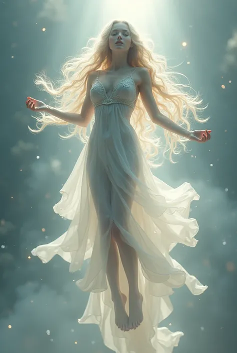 (photorealism:1.2), the most beautiful woman ever, long hair, with a floating pose as if she were going to fly to heaven, heavenly light background, glowing crystal overlay