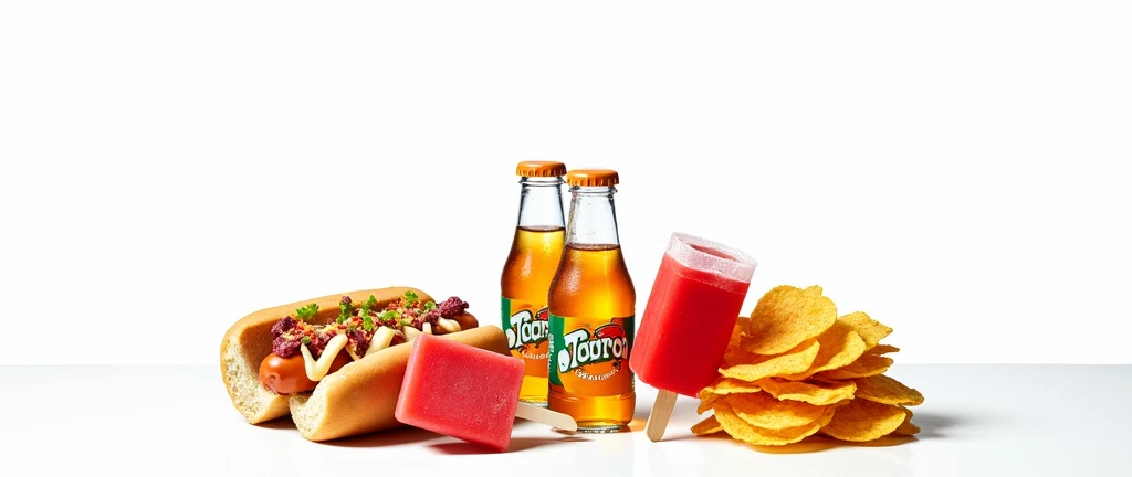 A dynamic photo of a food stand at a fair, with a close-up of the counter displaying small plastic bottles of orange soda, a bright red popsicle, a hot dog with toppings, and a stack of nacho chips. The small bottles are the focus, with the other items arr...