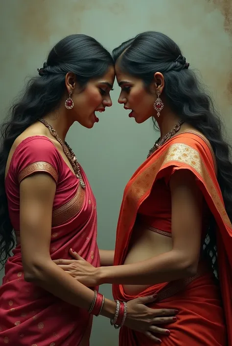 Two Indian women in saree standing face to face with forehead and belly touching . Anger and hatred in face of both women.