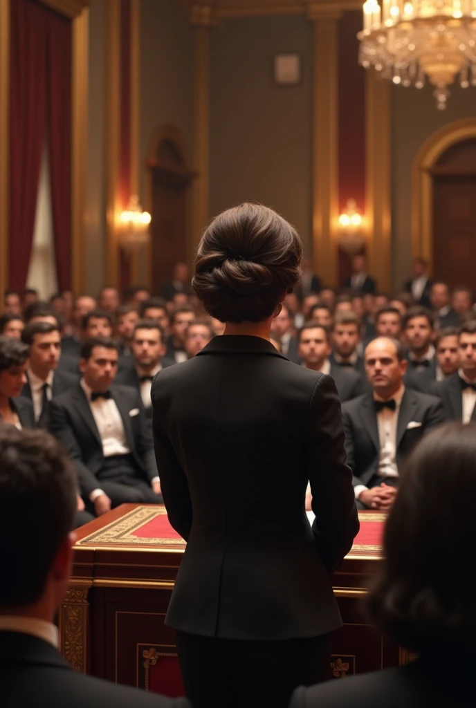 They create an image of Princess Margaret of England giving a speech at a meeting with young entrepreneurs at an event organized by the Chamber of Commerce in Liverpool. The image must be realistic. The image must not show her face. 