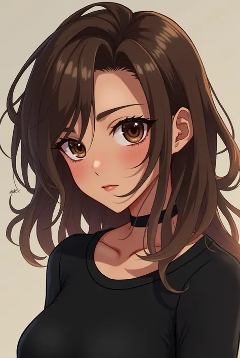 androgynous, Tephros, seductive, cute, Brown hair, Brown eyes, brown skin, black shirt, SERIOUS LOOK, vtuber, anime