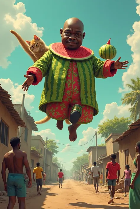 Make a black man bald, mic, and big head with a watermelon outfit while he is flying and next to him there is a cat that is also flying, and next to him there is a toy horse made of watermelon that is also flying next to him, in a poor neighborhood in Afri...