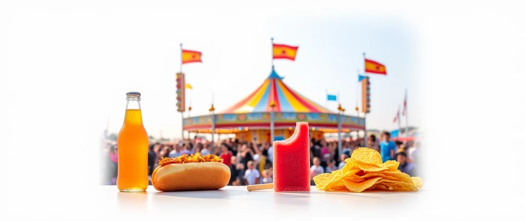  A dynamic photo of a fair counter table displaying a small bottle of orange soda, a hot dog, a bitten red popsicle, and a stack of nacho chips. The items are placed in the same arrangement as the image, with the vibrant fair setting and joyful crowd in th...