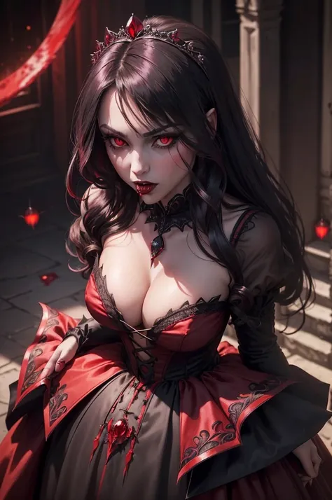 8k,(Sharp Focus：1.1） vampire queen,（(His mouth was covered in blood)）， Blood drop， Blood-stained hair， Ruby tiara， laced dress， Cleavage is seductive， Looking， dark shadow， Intensity， fanaticism， 8k， high quarity， intricate detailes， closeup cleavage， Glow...