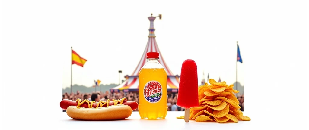  A dynamic photo of a fair counter table displaying a small bottle of orange soda, a hot dog, a bitten red popsicle, and a stack of nacho chips. The items are placed in the same arrangement as the image, with the vibrant fair setting and joyful crowd in th...