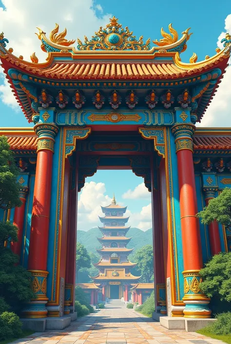 A gate of colour blue in yellow in orange temple theme
