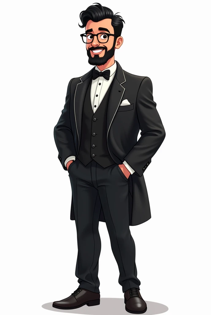 Make a full-length black suit groom, appearing to be young, beard and glasses, black curly hair in cartoon, com o fundo branco 