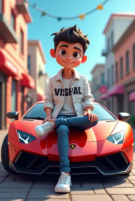 create a 3d illustration of an animated character sitting casually on top of a the "Lamborghini" car. the character must wear casual modern clothing such as white jeans jacket write Vishal in bold and formal shoes. The background of the image is a social m...