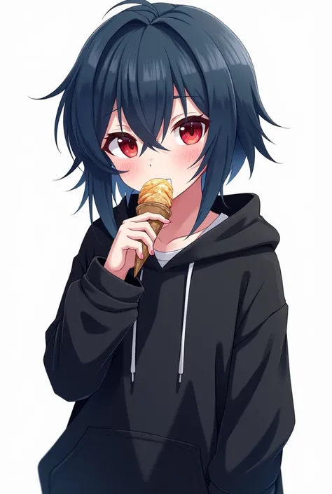 Anime girl , dark blue hair , modern day mullet hair style , black hoodie , red eyes , almond eye , short hair , eating ice cream , blank white background
