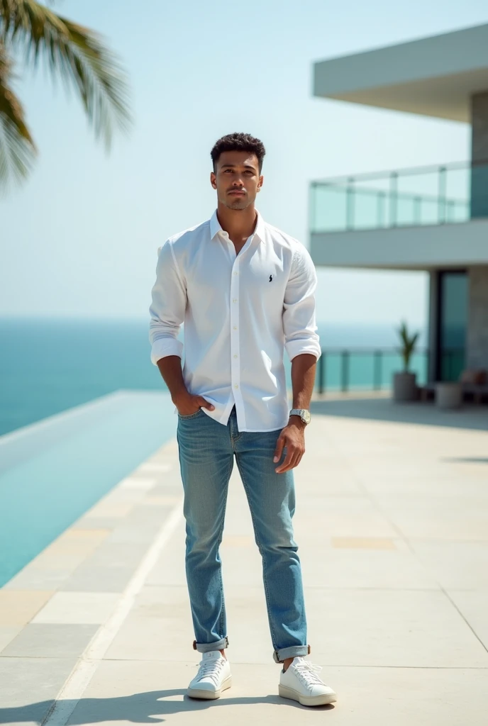 indonesian young man. male model, modern building, white sneakers, casual outfit, jeans, white ralph lauren shirt, posing for picture, photoshoot, natural, white skinned men, looking rich, big hotel terrace, view on sea.