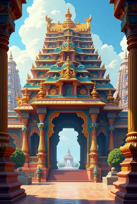 A gate of colour blue in yellow in orange 
Indian  temple theme
