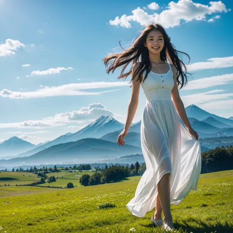 girl standing on the meadow、girl in a white dress、sky high and blue、sunny、I can see mountains in the distance、far away、stare into the distance、Standing in the distance、wide grassland,High Resolution, Masterpiece, Best Quality, Detail, High Details, Quality...