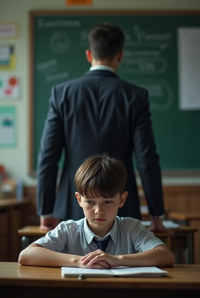 The teacher is standing in the foreground, with the blackboard behind them. A 1 boy in a school uniform is sitting at a desk in a classroom. The boy is facing the teacher but looks anxious and distressed, clearly unable to focus on the lesson.