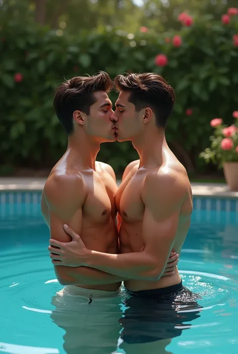 Two Hot Teenager men in swimming pool kiss