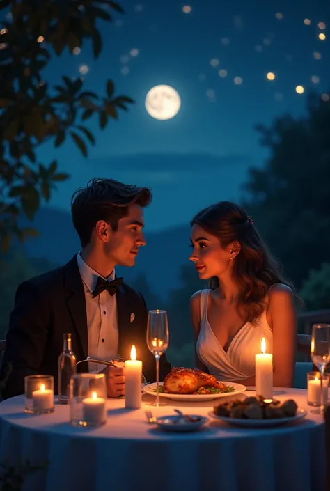 Candle night dinner with chicken meal and girl and boy sitting with best dressed in night with moon and star