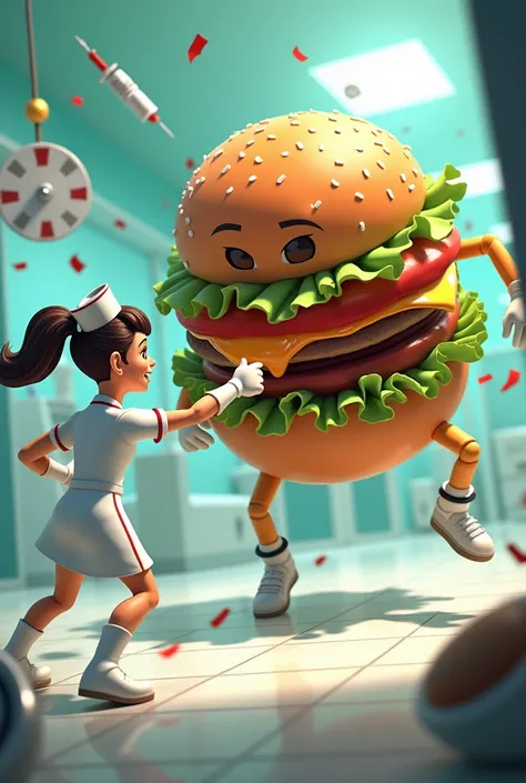 I need you to generate an animated image of a nurse vs. a hamburger.