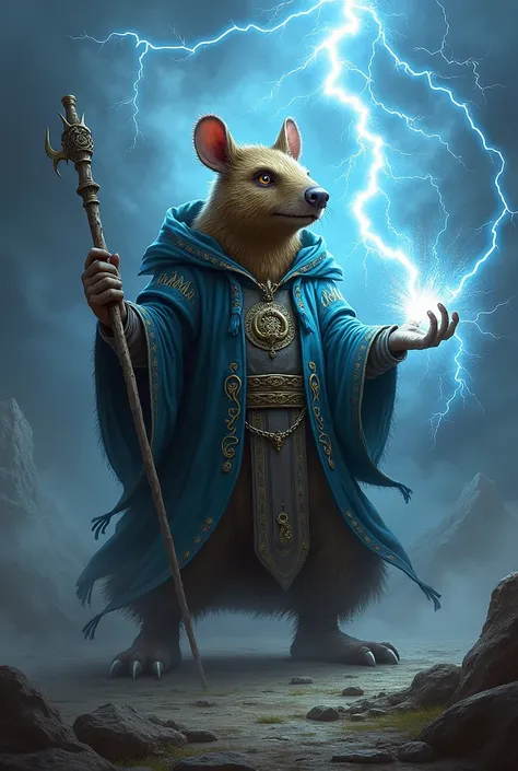 Anthropomorphic Aardvark sorcerer casting lightning bolt