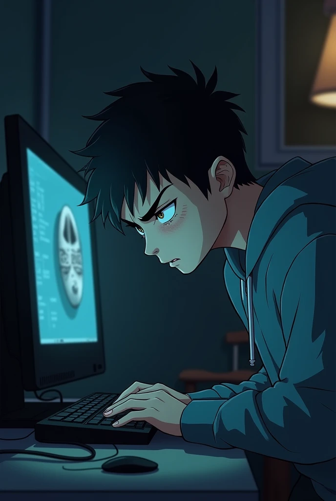 Teenager man looking depressed at the computer after seeing that his other classmate has done coverrrbullyng to him