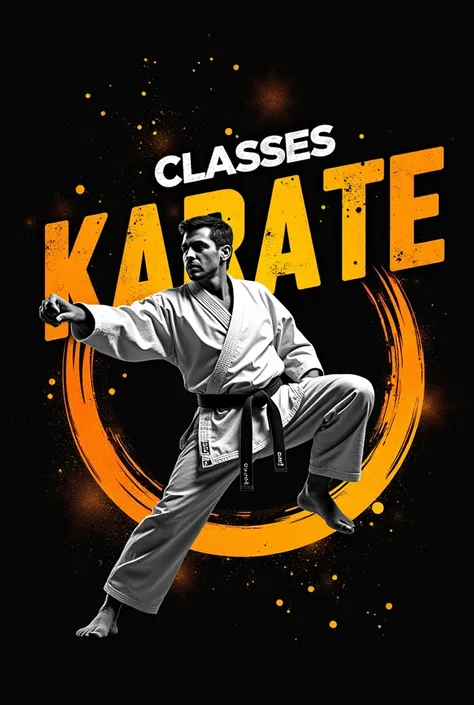 
**Title:** Karate Classes para Crianças, young people and adults

**Description:** With Prof.. Fernandes Costa, Black Belt 1st Dan in Shotokan Karate

**colors:** blackw, yellow and orange

**Design Instructions:**

1. **Background:** Use a predominant bl...