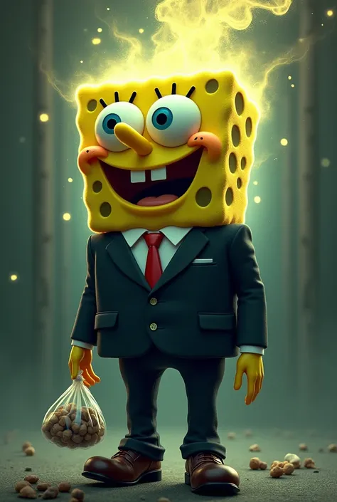 Create a spongebob in a formal suit with +100000 aura and a bag of drugs