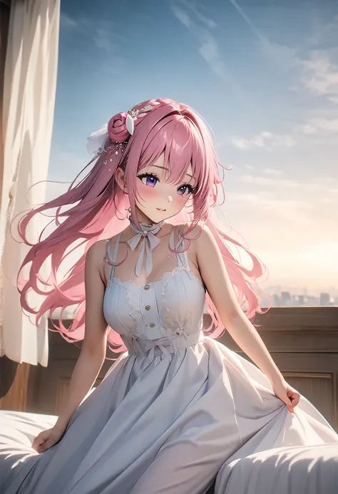 (Highest quality, 4K, 8k, High resolution, masterpiece:1.2), Very detailed, Picturesque, Anime style photo, Photo Anime:1.37)、a beautiful girl、(pink hair)、(long  hair)、white lily Hair Ornaments、On the bed、white under wear、Doroty