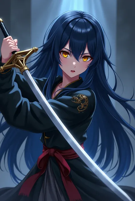 Long Dark blue hair girl with golden eyes anime girl 
hold a sword 