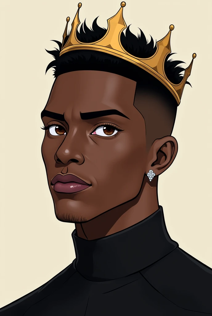 a black man with short hair shaved on the sides, wearing a crown, diamond earrings in the ears, with black shirt, portraits, brown eye color. anime styling. very dark espresso skin color. wide nose, big lips