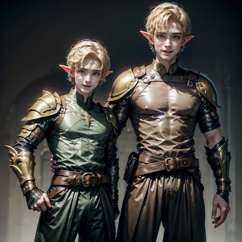 Elf, young, man, medium build, blond, in matte leather armor, short hair, belt bag, joyful expression on face 