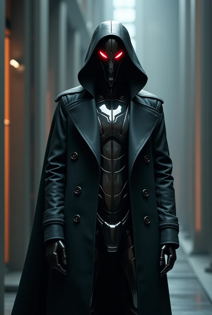 A futuristic humanoid robot, dressed in a dark, elegant trench coat with a hood. It has a polished metallic surface and glowing red eyes..