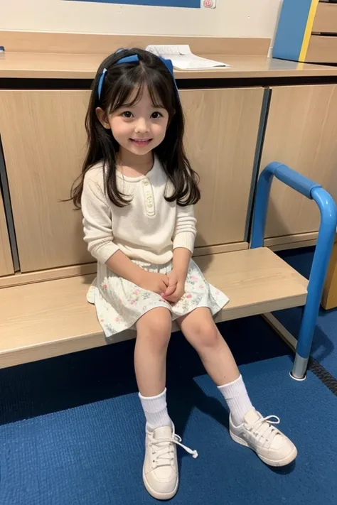 Cute and lovely elementary school first grade girl pretty face full body sitting full picture little child