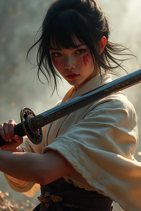 one female character,  japanese, with bangs, blood in The face, short hair and an intimidating appearance, series, and with a katana from his ancestors that looks like it was designed by gods 