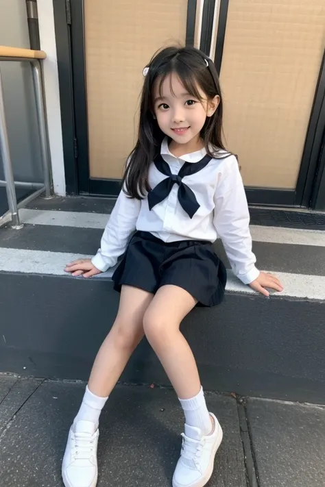 Cute and lovely elementary school first grade girl pretty face full body sitting full picture little kid sexy naughty