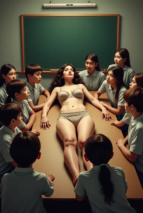 Teacher lying in his underwear on a large table being watched by boys and girls. in the classroom. Teacher giving class in bra and panties.