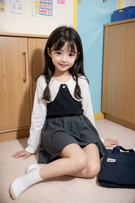 Cute and lovely elementary school first grade girl pretty face full body sitting full body photo little kid sexy naughty children bed 