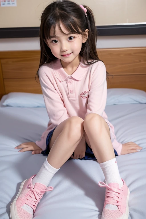 Cute and lovely elementary school first grade girl pretty face full body sitting full body photo little kid sexy naughty children bed 