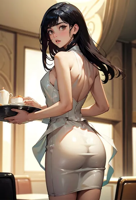 perfect eyes:1.2, detailed eyes:1.4, m0n1c4b-v2, long hair, black hair, brown eyes, from behind, ass, looking back, restaurant, ...