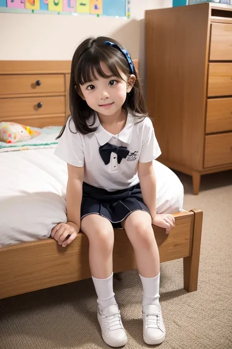 Cute and lovely elementary school first grade girl pretty face full body sitting full body photo little kid sexy naughty children bed short skirt