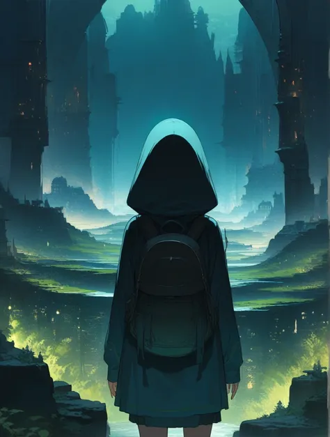 score_9, score_8_up, score_7_up, score_アニメ, masterpiece, best quality, delicate illustration, sharp line, sharp focus, BREAK,Traveler girl wandering in the ruins of endless night, the girl is wearing a hood, a lot of baggage in her backpack., night、City of...