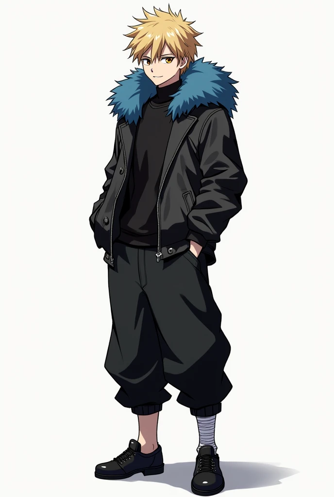 Jujutsu Kaisen, masculine, attractive, blonde hair, short and messy hair, eyes the color of honey, Black fitted buttoned leather jacket with blue fleece on the hood, black baggy pants, black shoes, bandage on one of his hands, superb smile, Whole body, whi...