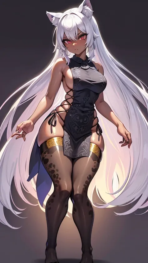 （dark skin),Silver Hair,((Fox Girl)),(Perfectly detailed face),(Young),twintails,((fine cloth texture, sleeveless leopard print cheongsam, slit at waist)),(wedgie),spread legs,High quality,Ultra detailed, best quality,insanely detailed,beautiful,masterpiec...