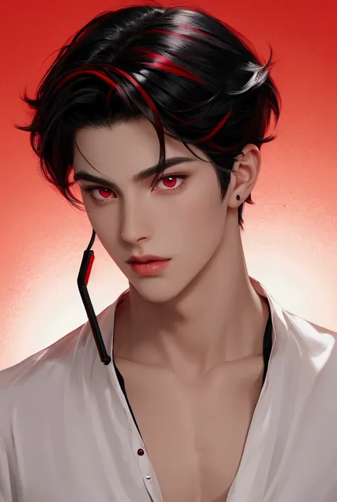 Black haired boy with red highlights and reddish eyes. Breasts, headphones, streaked hair, Red eyes, 